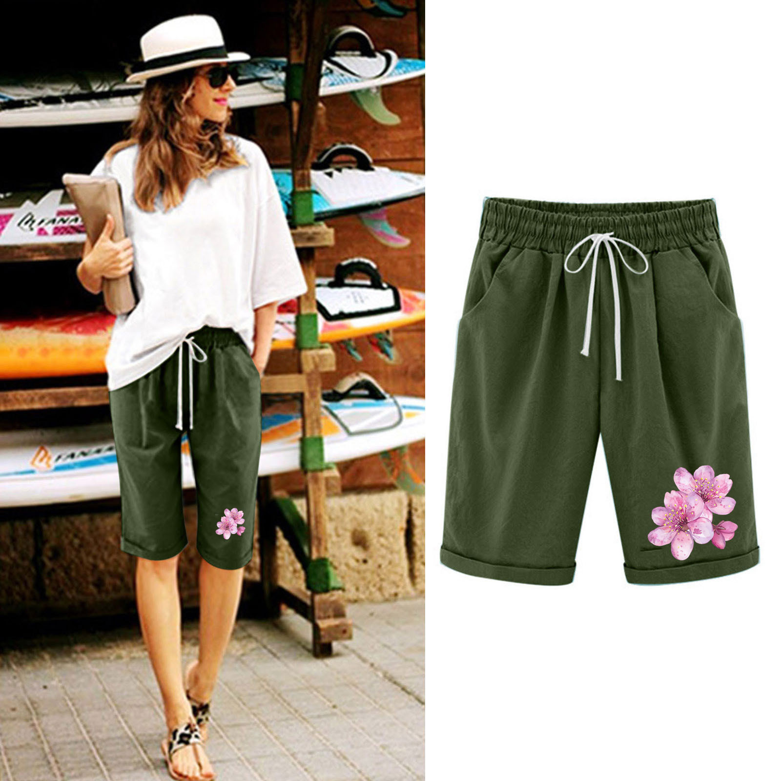 Baggy Women Shorts Knee Length Bermuda Green Capri Wide-Leg Floral High Waisted Shorts Womens Scrubs Joggers L